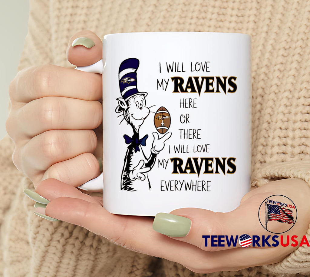 The Cat in Hat I Will Love My Ravens Here Or There - Adult & Kids T-Shirts, Sweatshirts & Hoodies apparel design preview 6