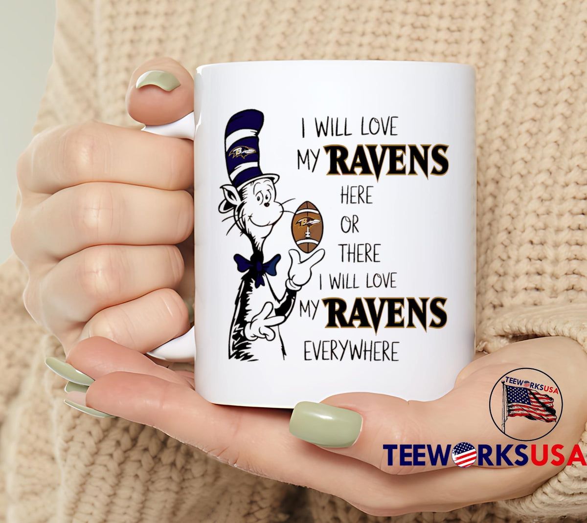 The Cat in Hat I Will Love My Ravens Here Or There - Adult & Kids T-Shirts, Sweatshirts & Hoodies apparel design preview 6