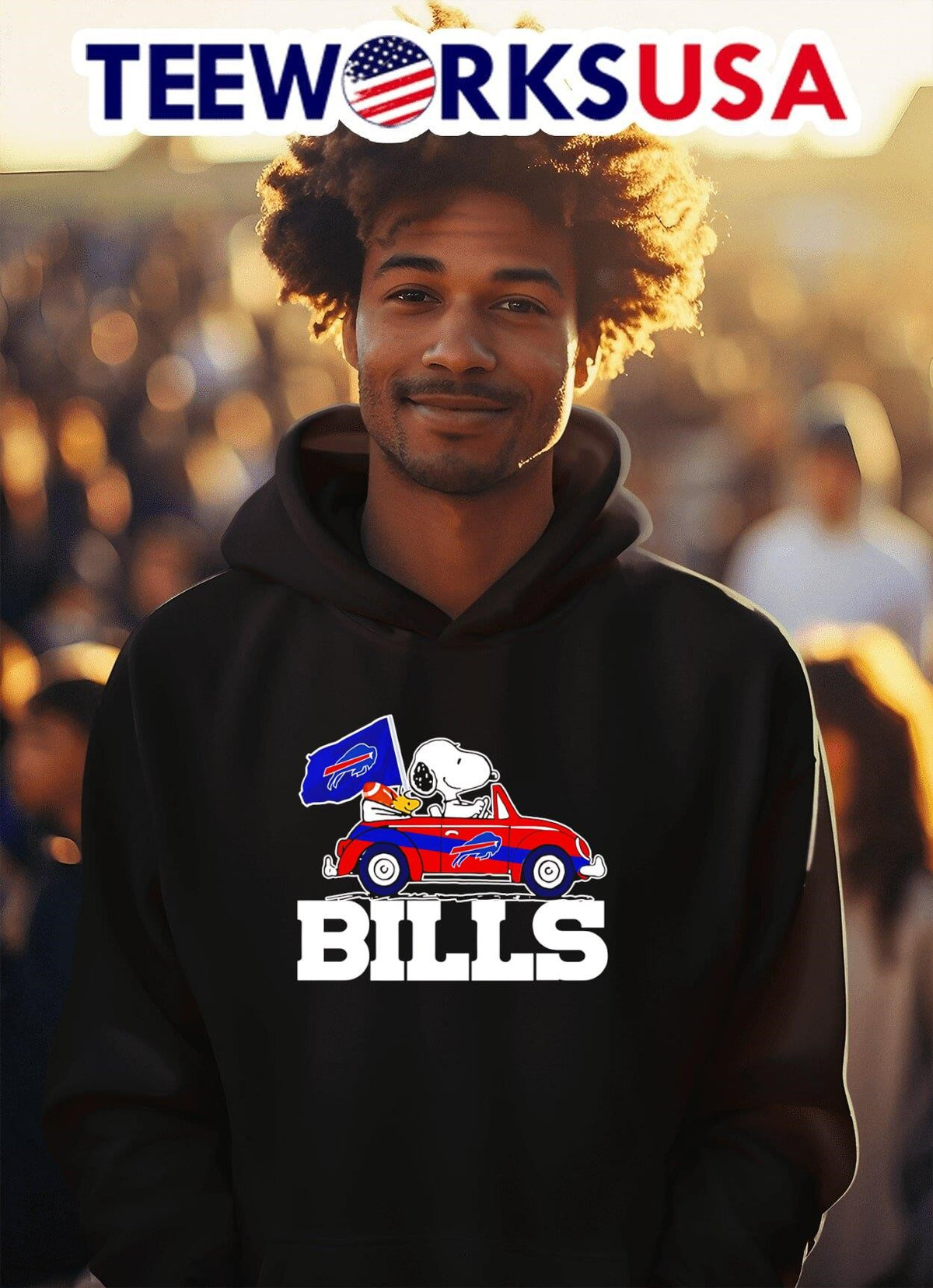 Snoopy and Woodstock driving car Buffalo Bills - Adult & Kids T-Shirts, Sweatshirts & Hoodies apparel design preview 2