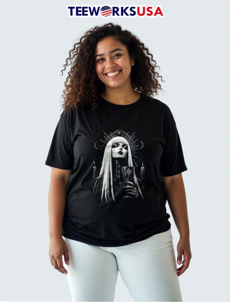 Gothic woman holding chalice candles - Adult & Kids T-Shirts, Sweatshirts & Hoodies apparel design preview 3