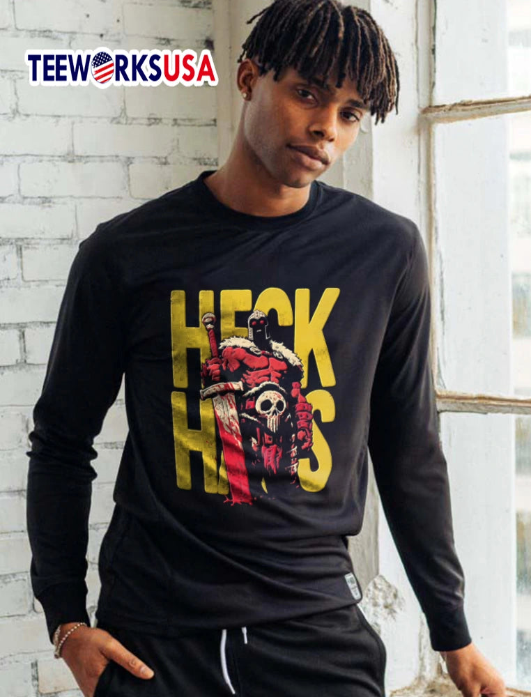 Heck Hits red armored warrior holding sword - Adult & Kids T-Shirts, Sweatshirts & Hoodies apparel design preview 5