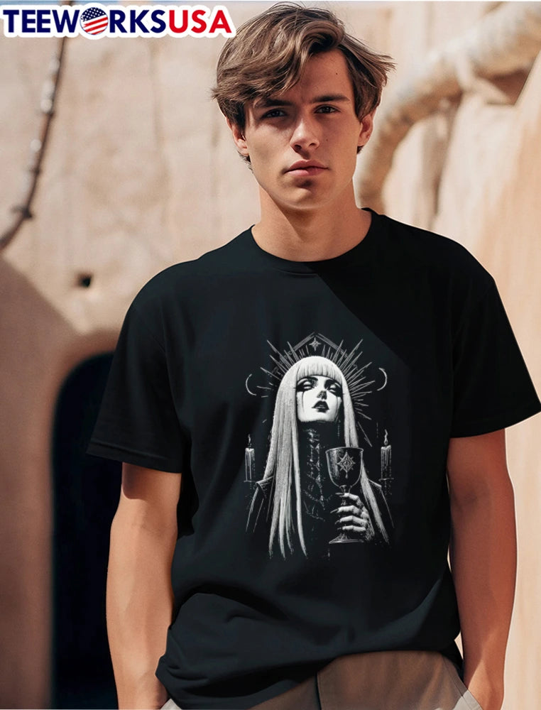 Gothic woman holding chalice candles - Adult & Kids T-Shirts, Sweatshirts & Hoodies apparel design preview 1