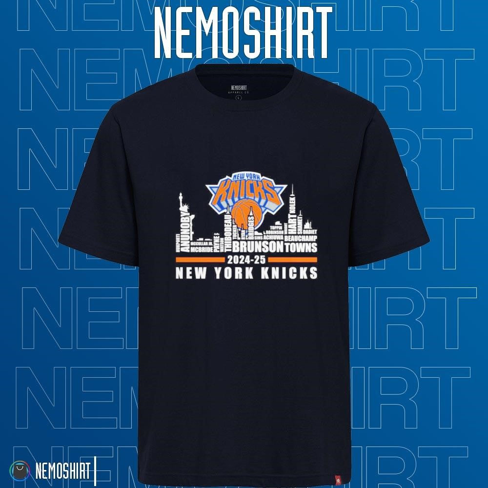 New York Knicks 2025 player name skyline - Adult & Kids T-Shirts, Sweatshirts & Hoodies apparel design preview 1