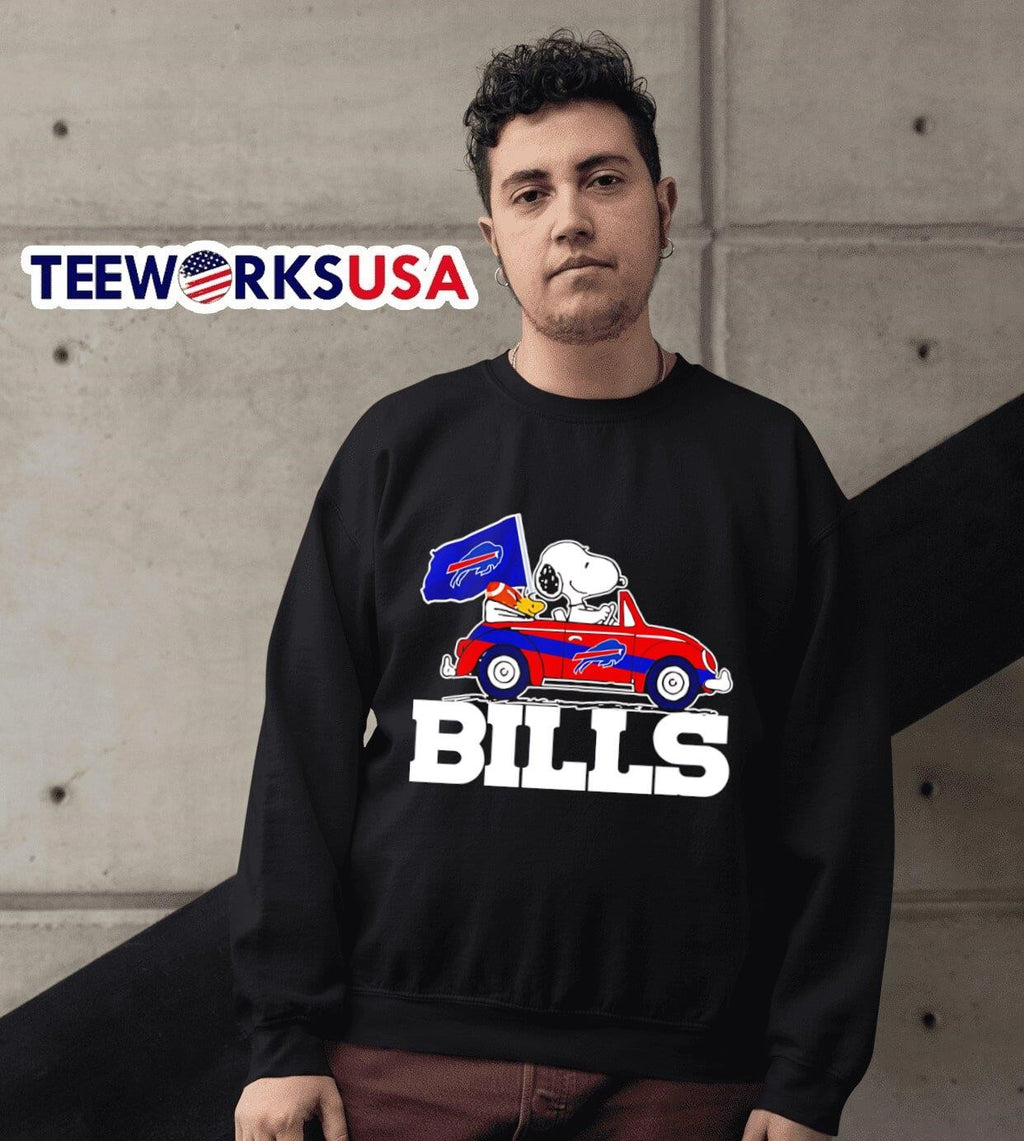 Snoopy and Woodstock driving car Buffalo Bills - Adult & Kids T-Shirts, Sweatshirts & Hoodies apparel design preview 6