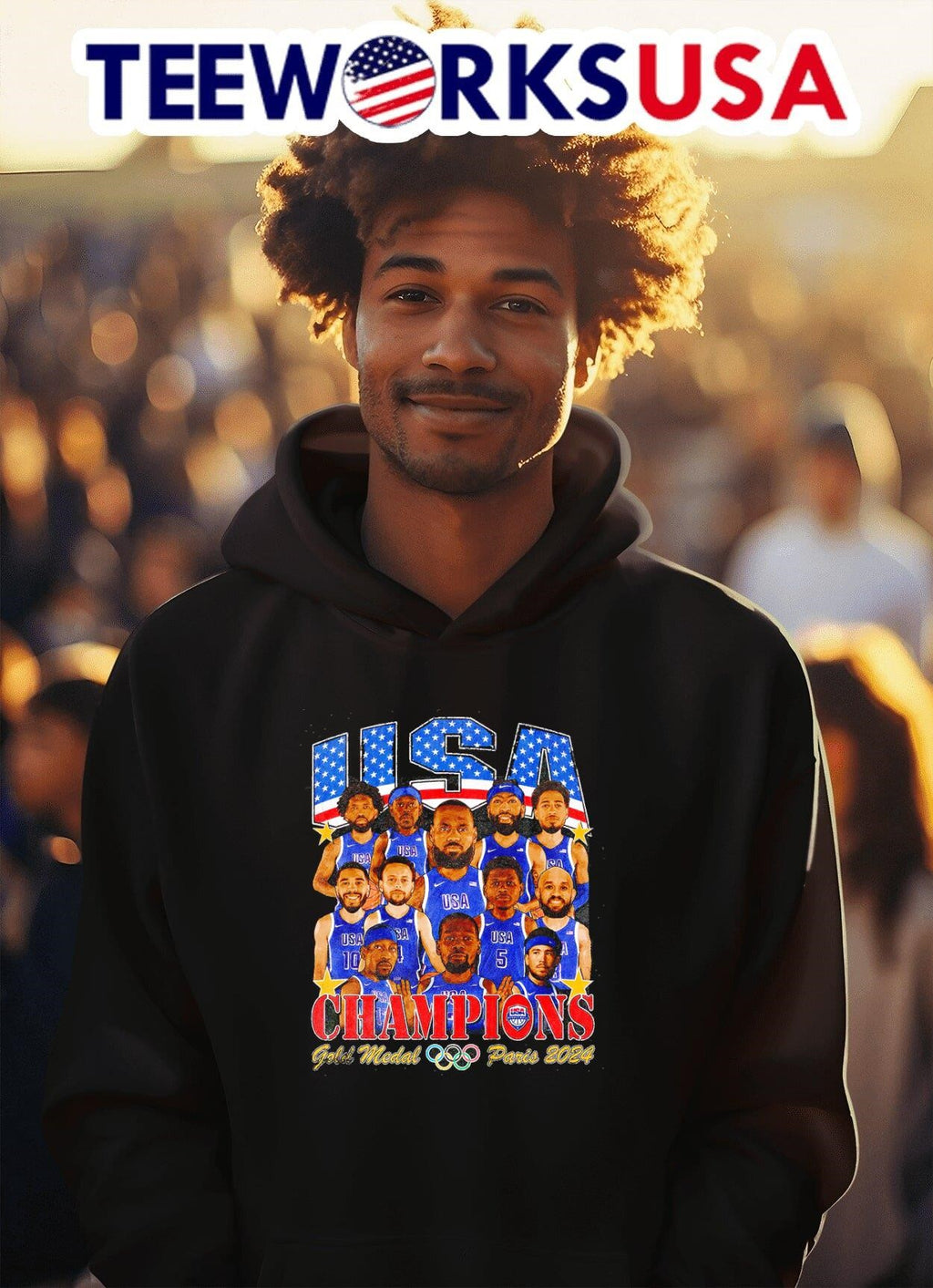 USA Champions gold medal Paris 2024 team cartoon - Adult & Kids T-Shirts, Sweatshirts & Hoodies apparel design preview 2