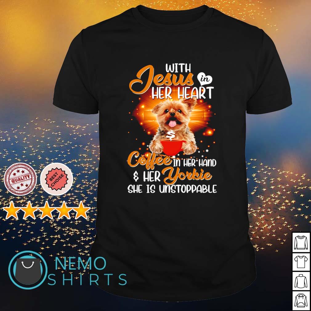 With Jesus in her heart coffee hand and Yorkie - Adult & Kids T-Shirts, Sweatshirts & Hoodies apparel design preview 1