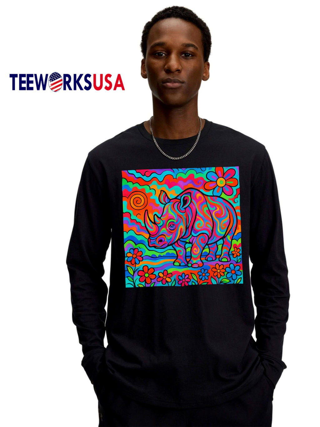 Rainbow Rhino Art Style - Adult & Kids T-Shirts, Sweatshirts & Hoodies apparel design preview 4