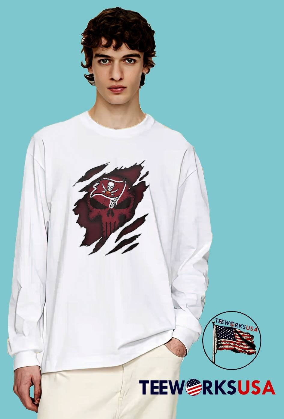Tampa Bay Buccaneers Punisher Skull Ripped Effect - Adult & Kids T-Shirts, Sweatshirts & Hoodies apparel design preview 3