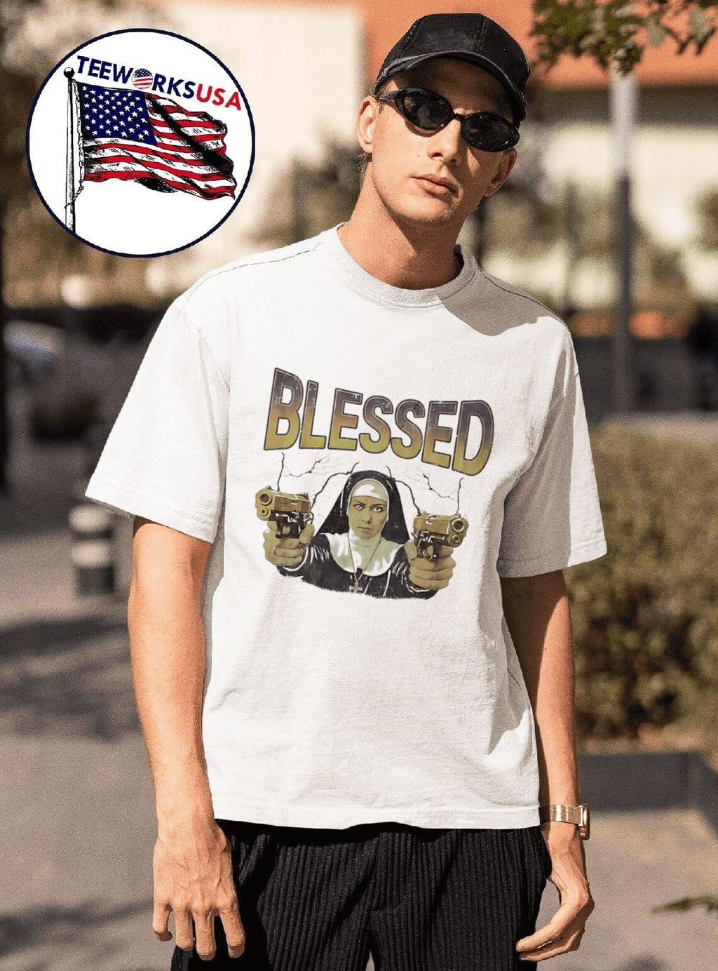 Blessed nun with gun - Adult & Kids T-Shirts, Sweatshirts & Hoodies apparel design preview 1