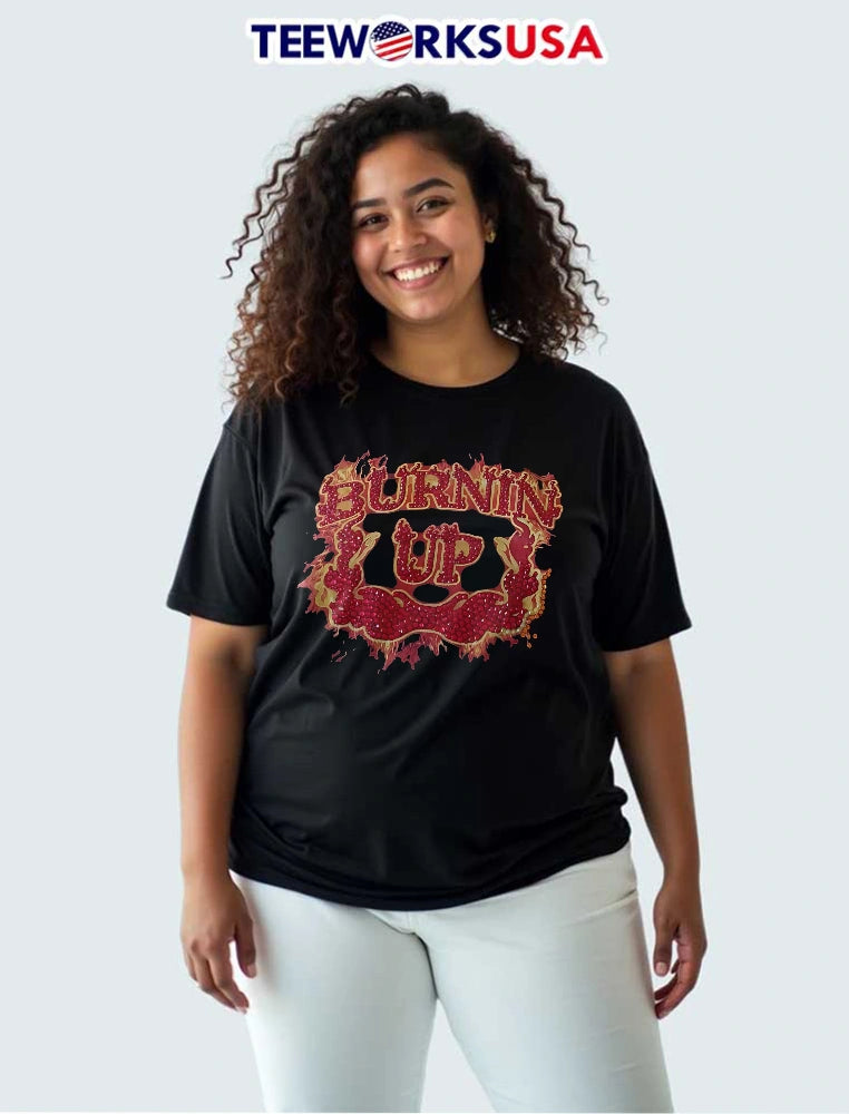 Burnin Up Red Rhinestone Gemstone Lettering Flaming - Adult & Kids T-Shirts, Sweatshirts & Hoodies apparel design preview 3