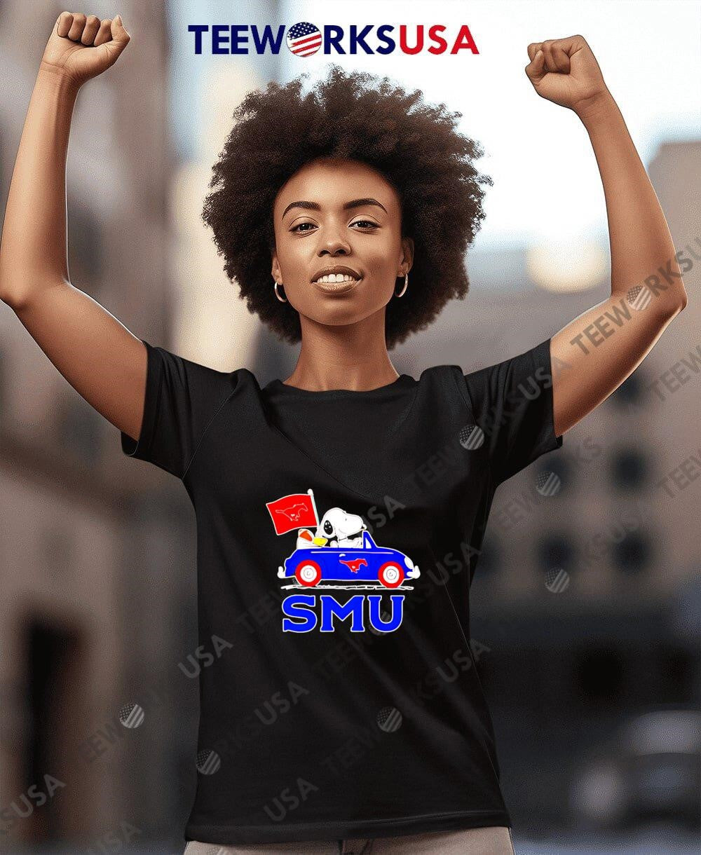 Snoopy and Woodstock driving SMU Mustangs - Adult & Kids T-Shirts, Sweatshirts & Hoodies apparel design preview 7