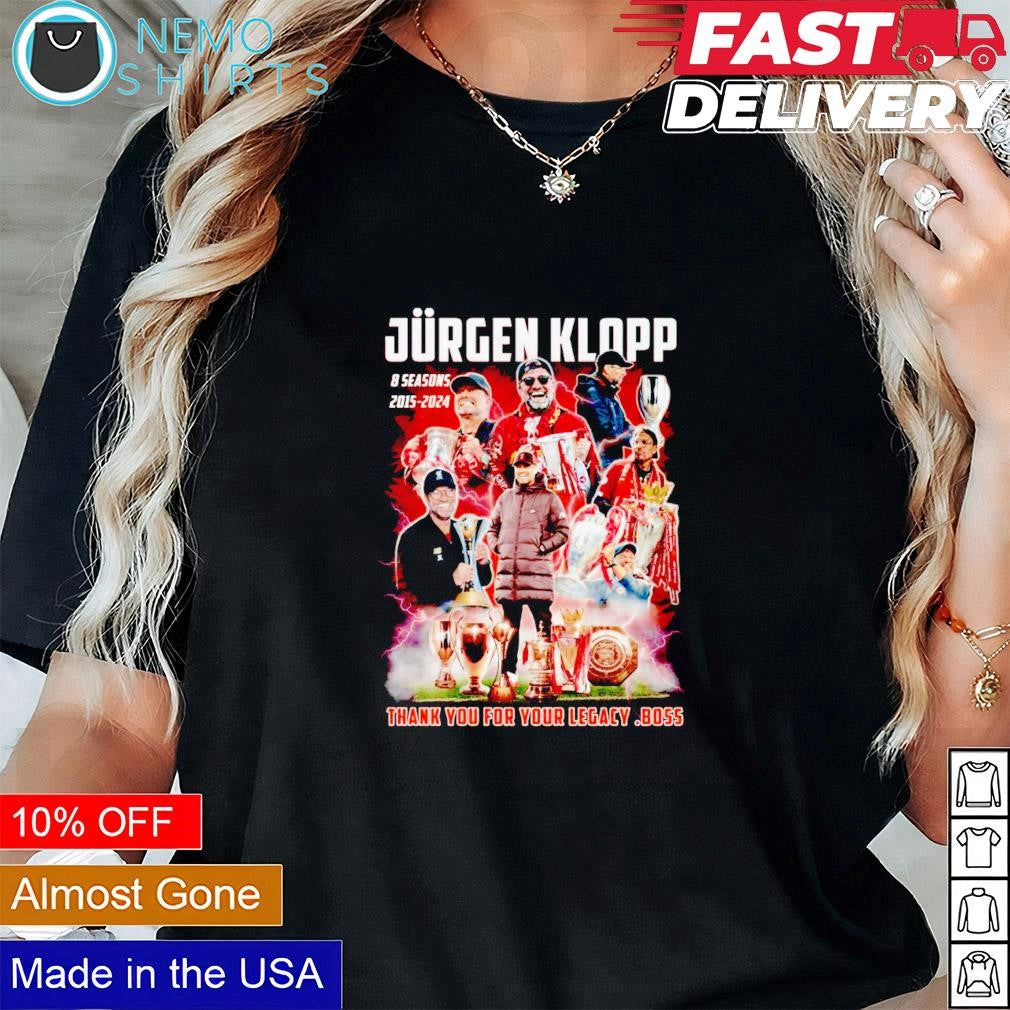 Jurgen Kloop coach Liverpool FC 8 seasons 2015 2024 - Adult & Kids T-Shirts, Sweatshirts & Hoodies apparel design preview 1