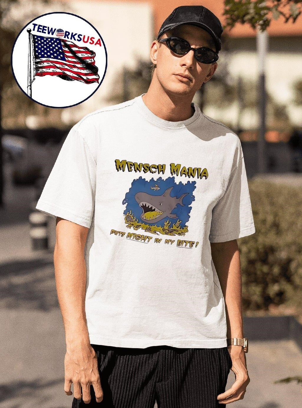Mensch Mania puts might in my bite retro - Adult & Kids T-Shirts, Sweatshirts & Hoodies apparel design preview 1