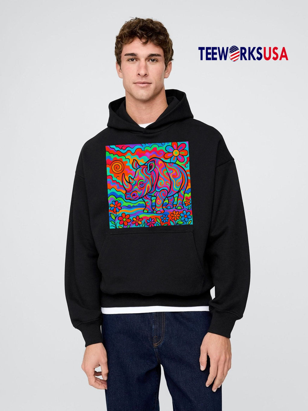 Rainbow Rhino Art Style - Adult & Kids T-Shirts, Sweatshirts & Hoodies apparel design preview 2