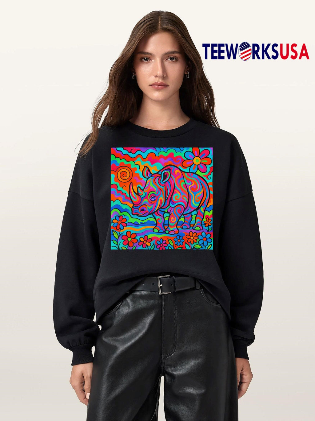 Rainbow Rhino Art Style - Adult & Kids T-Shirts, Sweatshirts & Hoodies apparel design preview 5