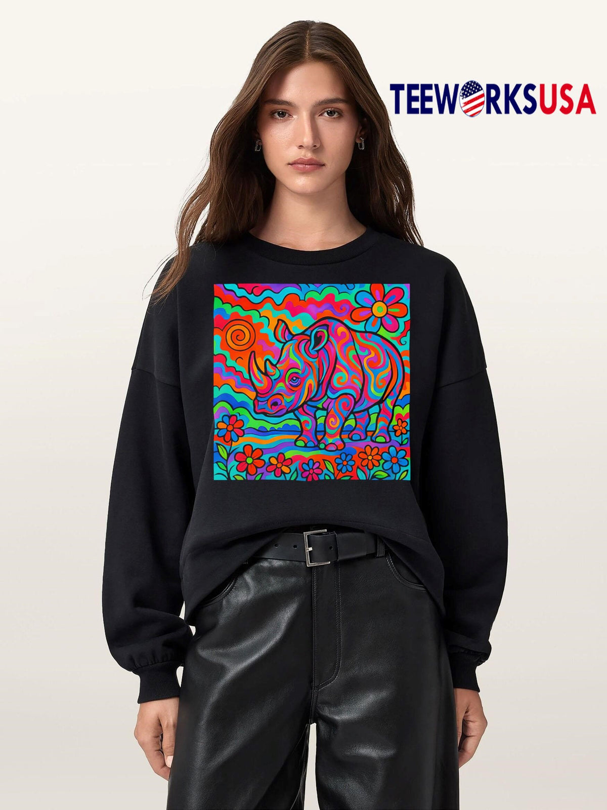 Rainbow Rhino Art Style - Adult & Kids T-Shirts, Sweatshirts & Hoodies apparel design preview 5