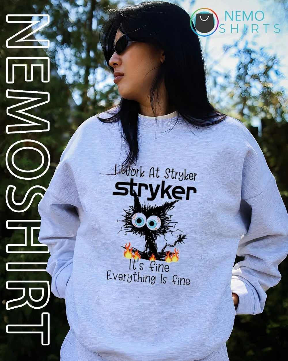 Black cat I work at Stryker it's fine everything is - Adult & Kids T-Shirts, Sweatshirts & Hoodies product image 3