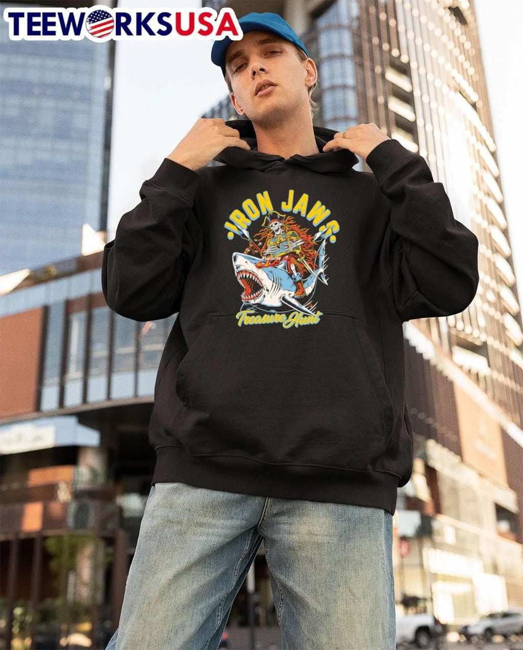 NoYouthh Skeleton Pirate Riding Shark Iron Jaws - Adult & Kids T-Shirts, Sweatshirts & Hoodies apparel design preview 3