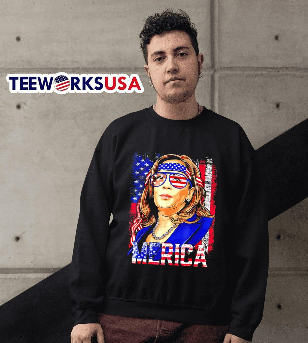 Kamala Harris with USA flag glasses retro - Adult & Kids T-Shirts, Sweatshirts & Hoodies apparel design preview 3