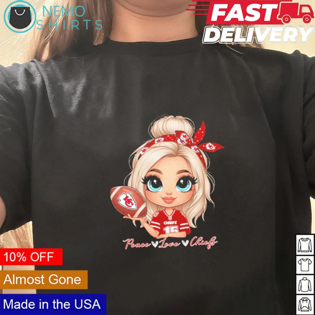Kansas City Chiefs fan cartoon girl peace love - Adult & Kids T-Shirts, Sweatshirts & Hoodies apparel design preview 3