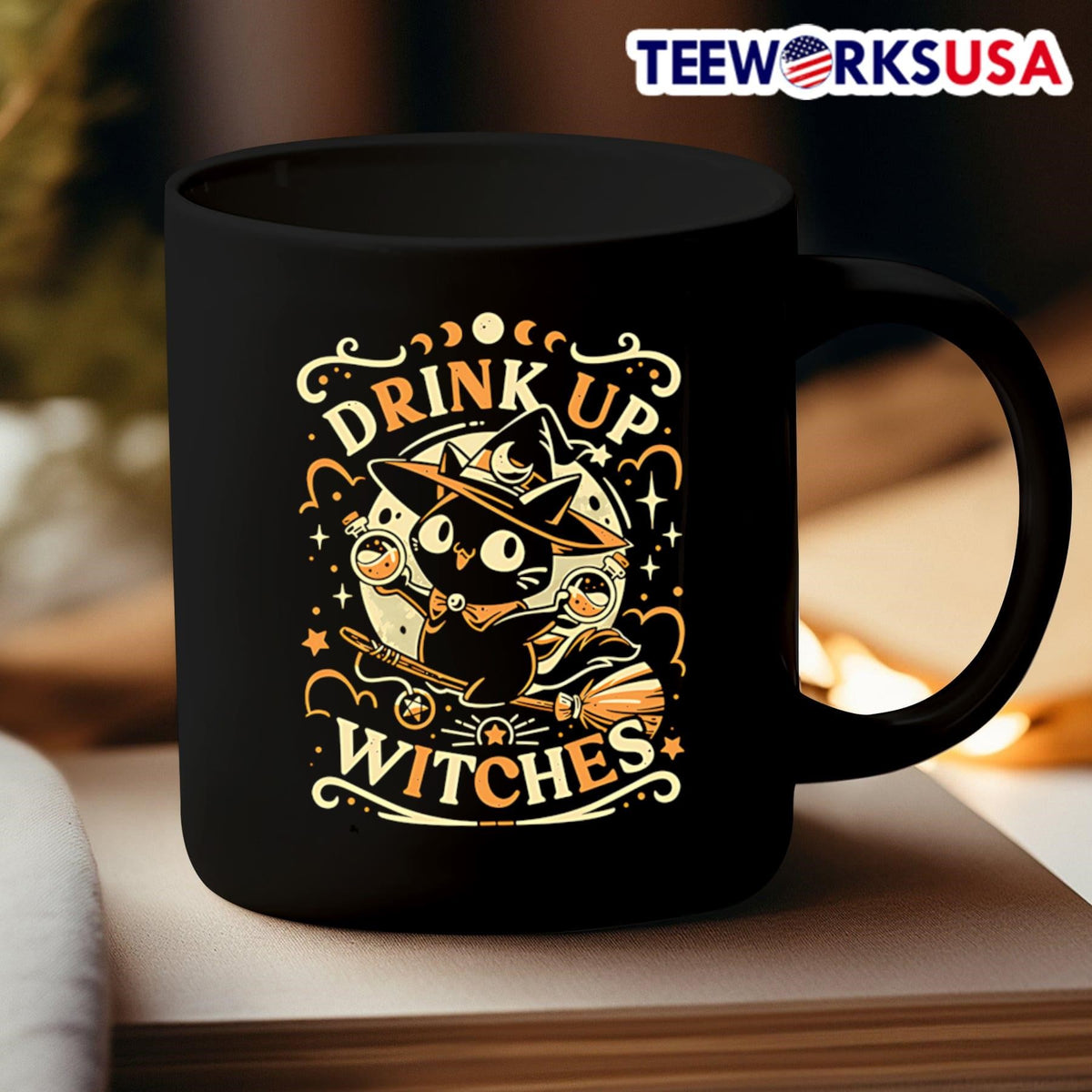 Drink up witches cat on broomstick - Adult & Kids T-Shirts, Sweatshirts & Hoodies apparel design preview 3