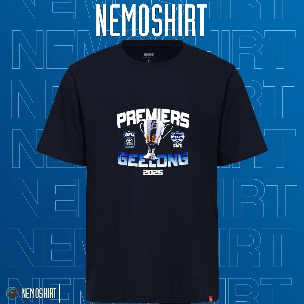 Premiers Geelong Cats AFL 2025 trophy - Adult & Kids T-Shirts, Sweatshirts & Hoodies apparel design preview 1