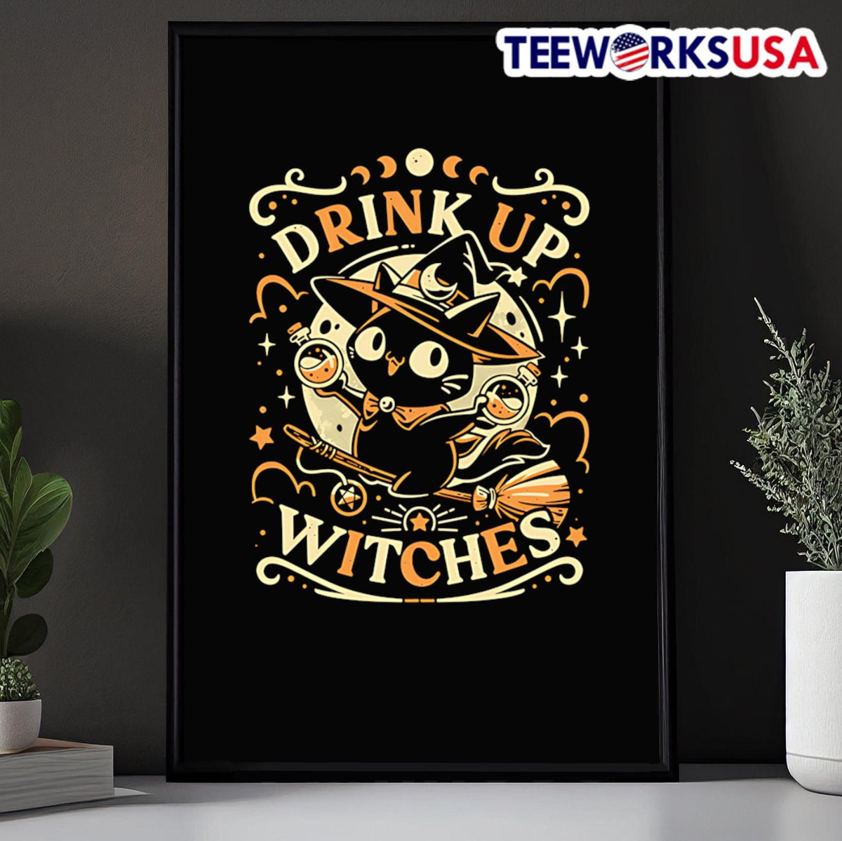 Drink up witches cat on broomstick - Adult & Kids T-Shirts, Sweatshirts & Hoodies apparel design preview 5
