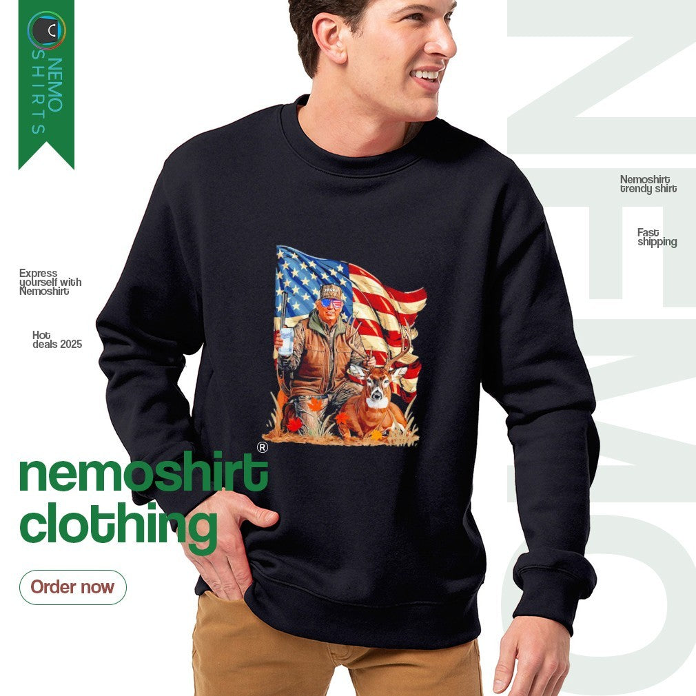 Donald Trump deer hunting parotic American flag - Adult & Kids T-Shirts, Sweatshirts & Hoodies apparel design preview 4