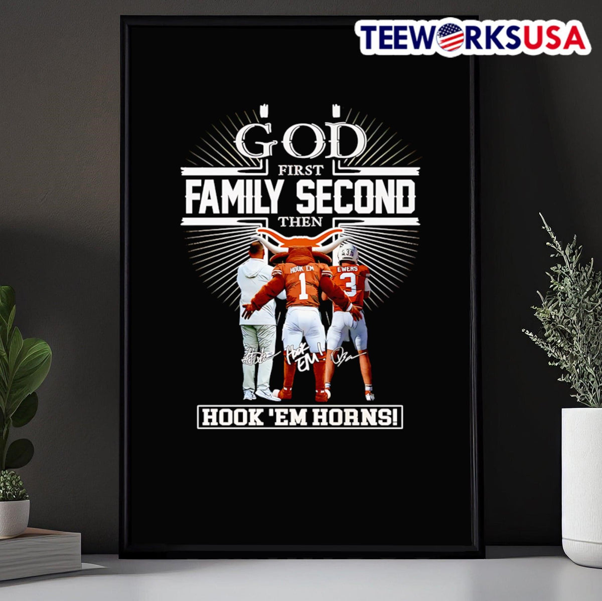 God first family second then hook 'em horns coach - Adult & Kids T-Shirts, Sweatshirts & Hoodies apparel design preview 5