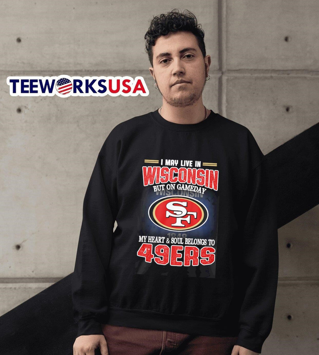 I may live in Wisconsin but on gameday my heart and - Adult & Kids T-Shirts, Sweatshirts & Hoodies apparel design preview 6