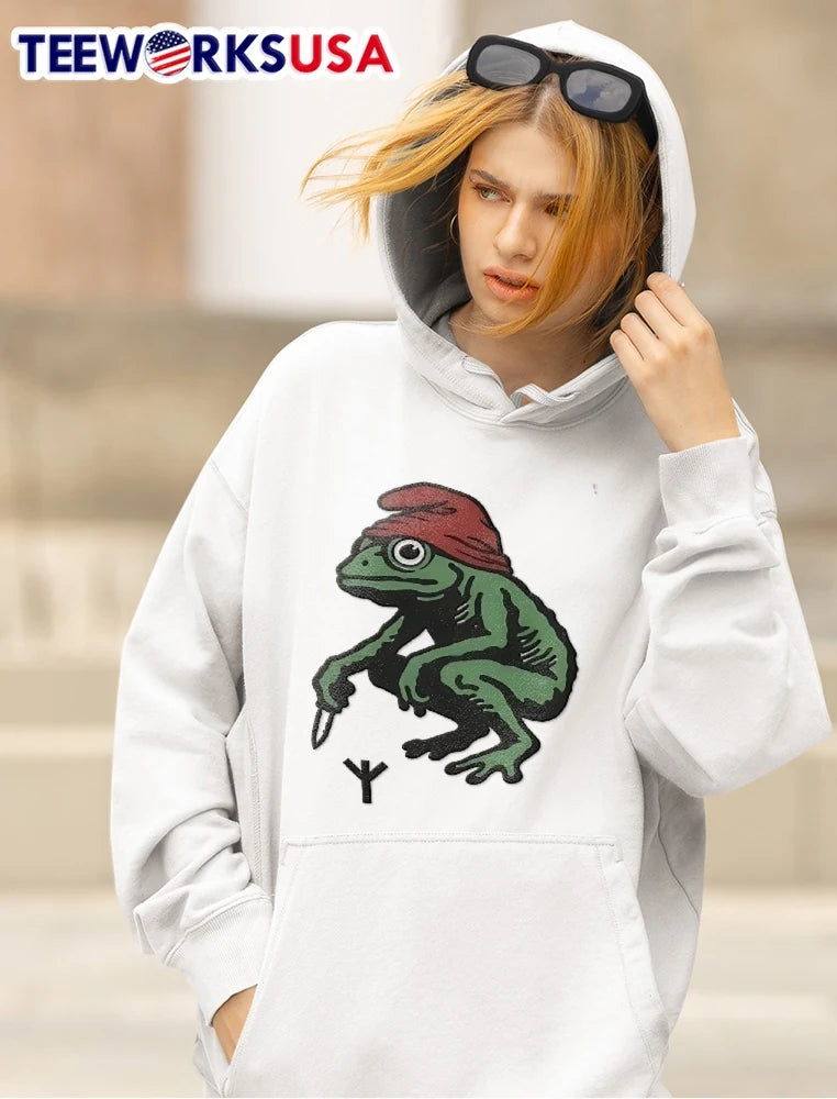 Squatting Green Frog Red Gnome Hat Holding Dagger - Adult & Kids T-Shirts, Sweatshirts & Hoodies apparel design preview 5
