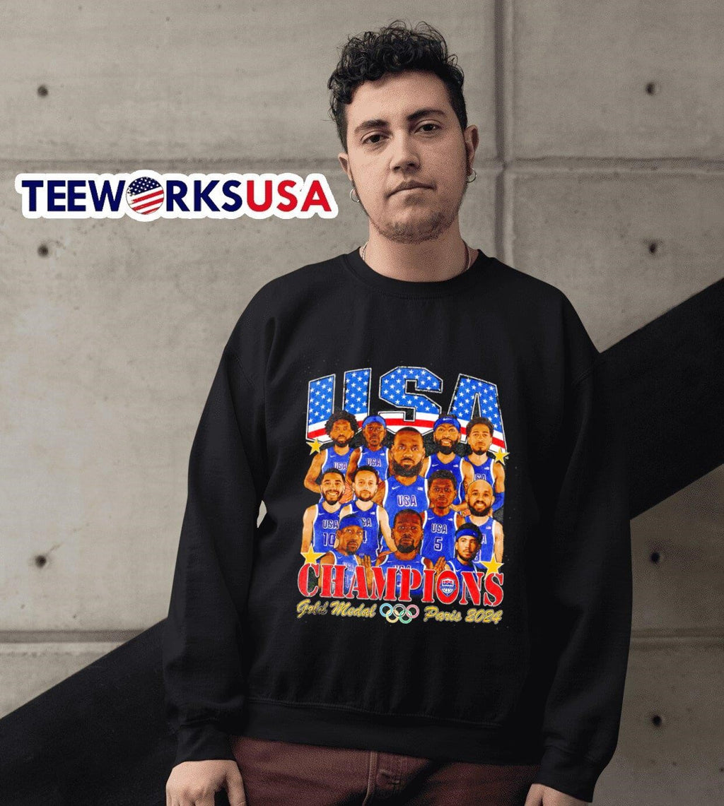 USA Champions gold medal Paris 2024 team cartoon - Adult & Kids T-Shirts, Sweatshirts & Hoodies apparel design preview 3