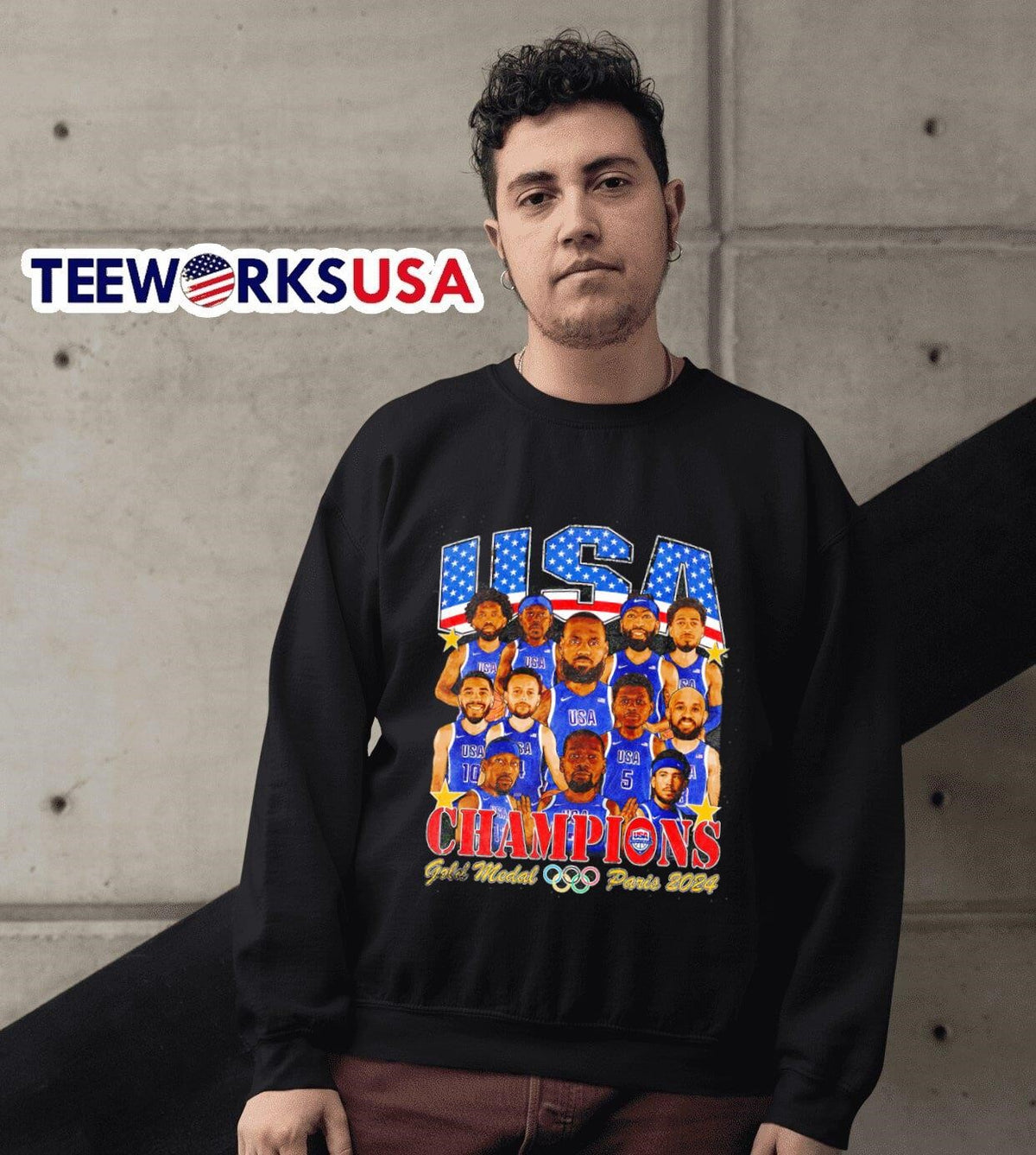 USA Champions gold medal Paris 2024 team cartoon - Adult & Kids T-Shirts, Sweatshirts & Hoodies apparel design preview 3
