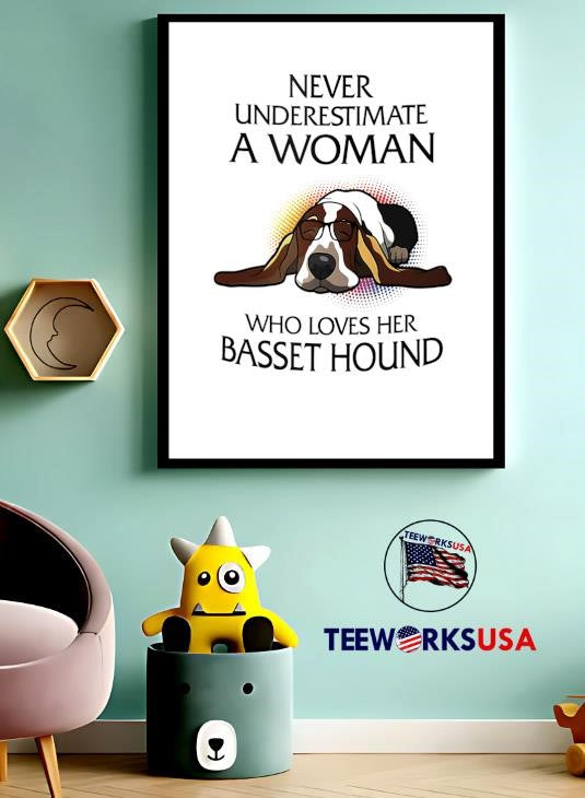 Dog never underestimate a woman who loves her basset - Adult & Kids T-Shirts, Sweatshirts & Hoodies apparel design preview 3