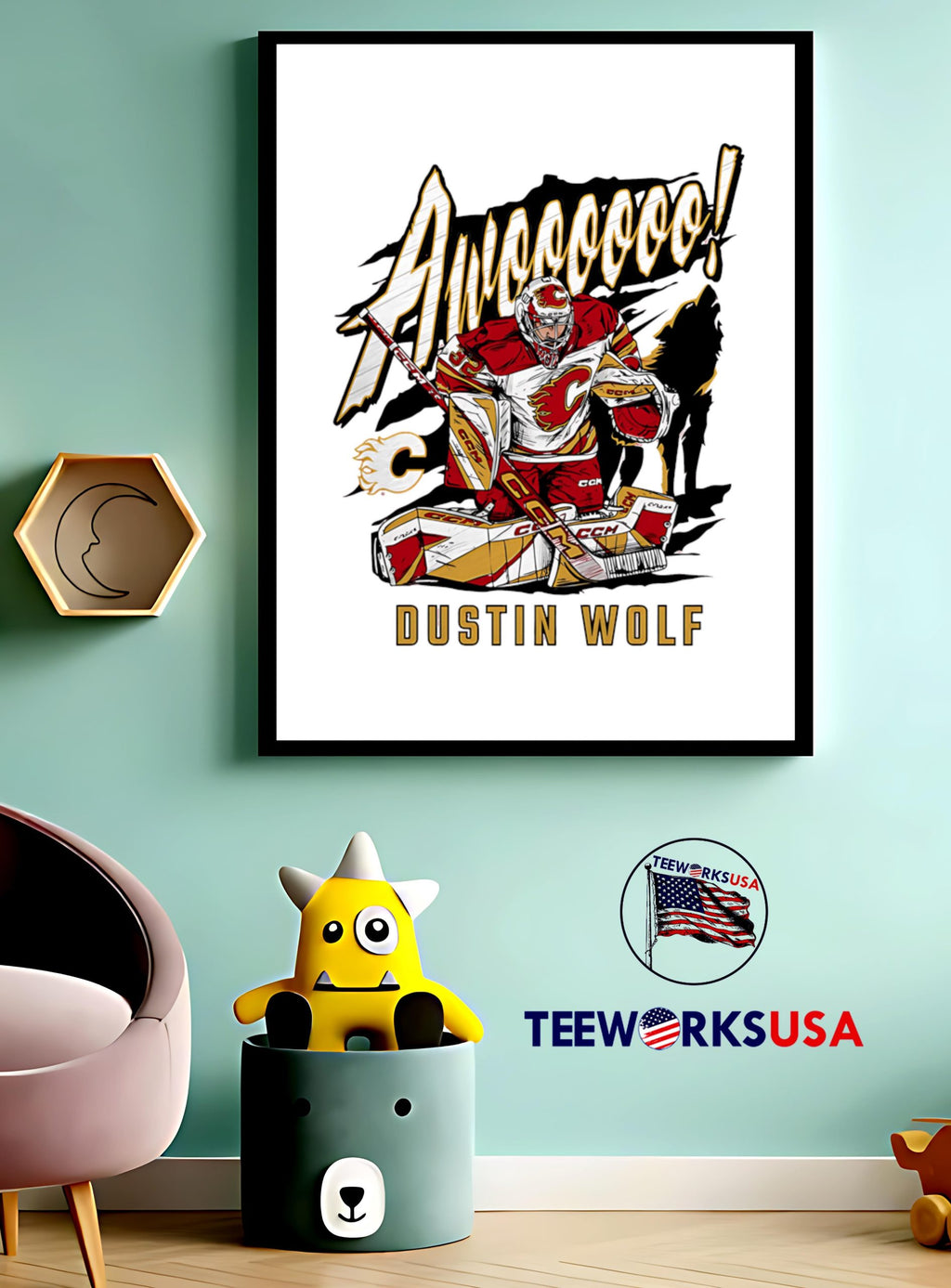 Awoooooo Dustin Wolf Calgary Flames hockey graphic - Adult & Kids T-Shirts, Sweatshirts & Hoodies apparel design preview 3