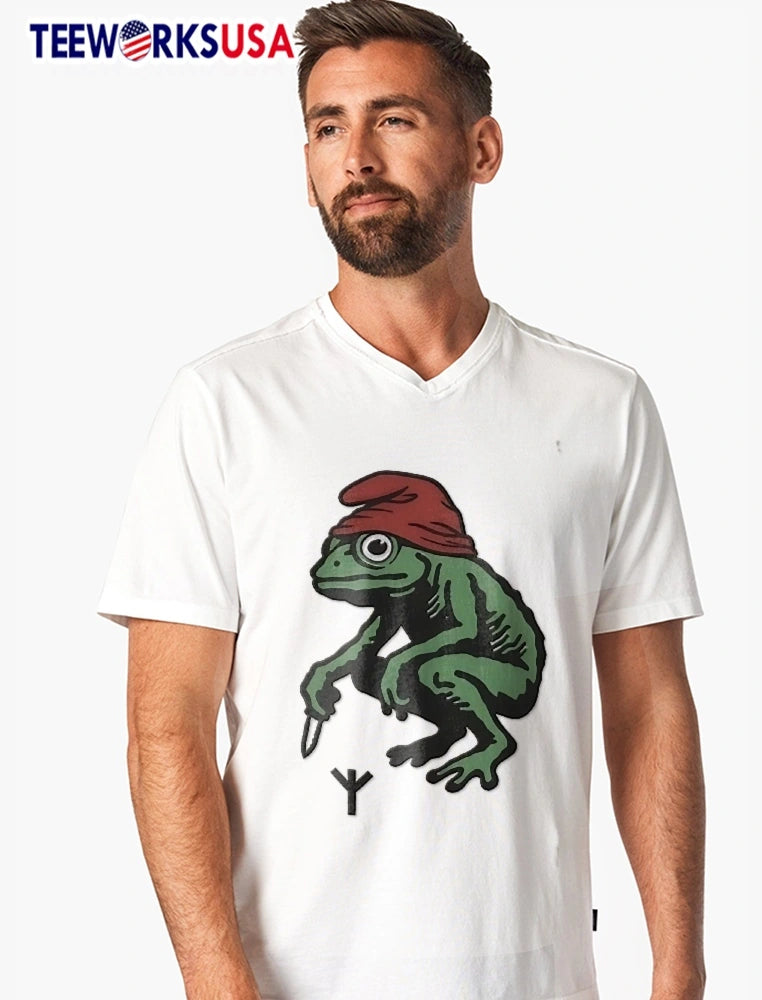 Squatting Green Frog Red Gnome Hat Holding Dagger - Adult & Kids T-Shirts, Sweatshirts & Hoodies apparel design preview 7