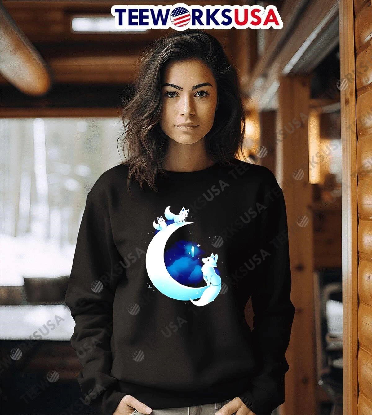 Glowing White Arctic Foxes Crescent Moon Hanging - Adult & Kids T-Shirts, Sweatshirts & Hoodies apparel design preview 6