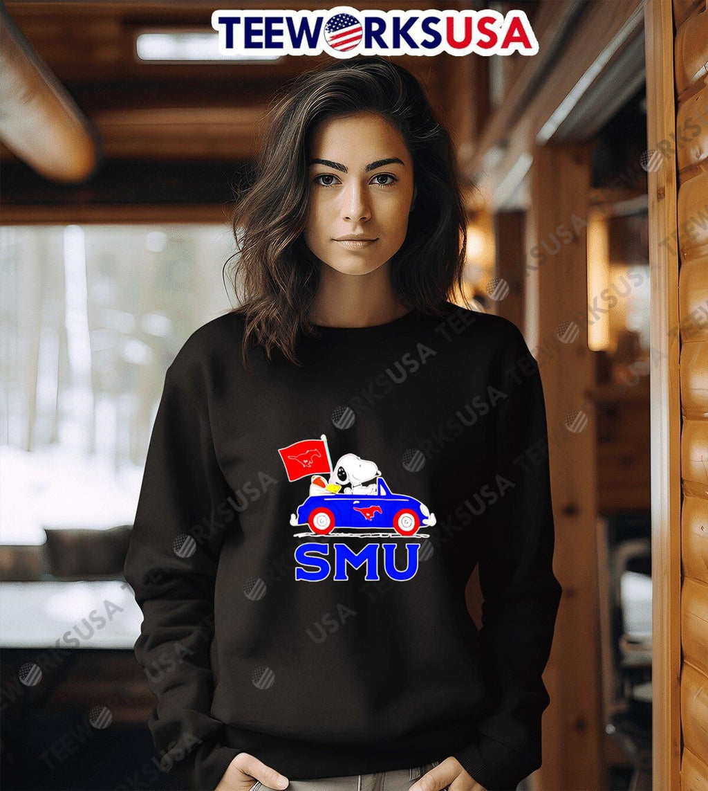 Snoopy and Woodstock driving SMU Mustangs - Adult & Kids T-Shirts, Sweatshirts & Hoodies apparel design preview 6