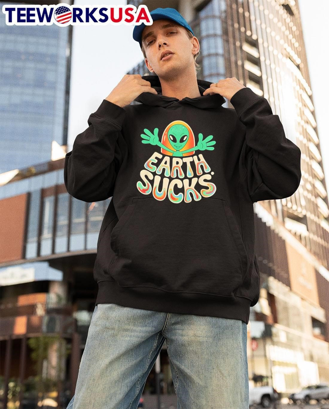 Earth Sucks Funny Alien Head Retro - Adult & Kids T-Shirts, Sweatshirts & Hoodies apparel design preview 3