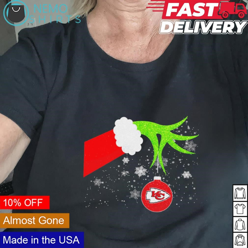 Grinch hand with ornament Kansas City Chiefs - Adult & Kids T-Shirts, Sweatshirts & Hoodies apparel design preview 2