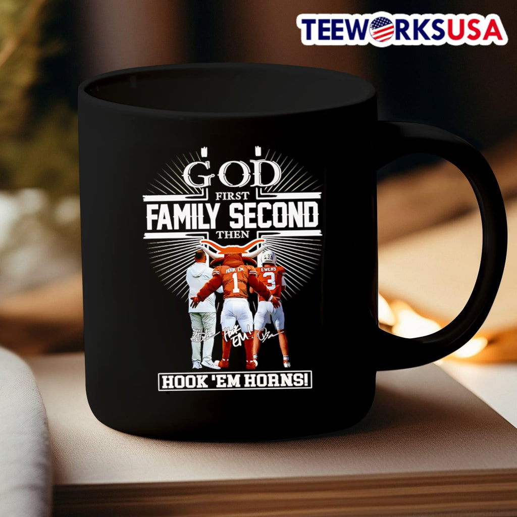 God first family second then hook 'em horns coach - Adult & Kids T-Shirts, Sweatshirts & Hoodies apparel design preview 3