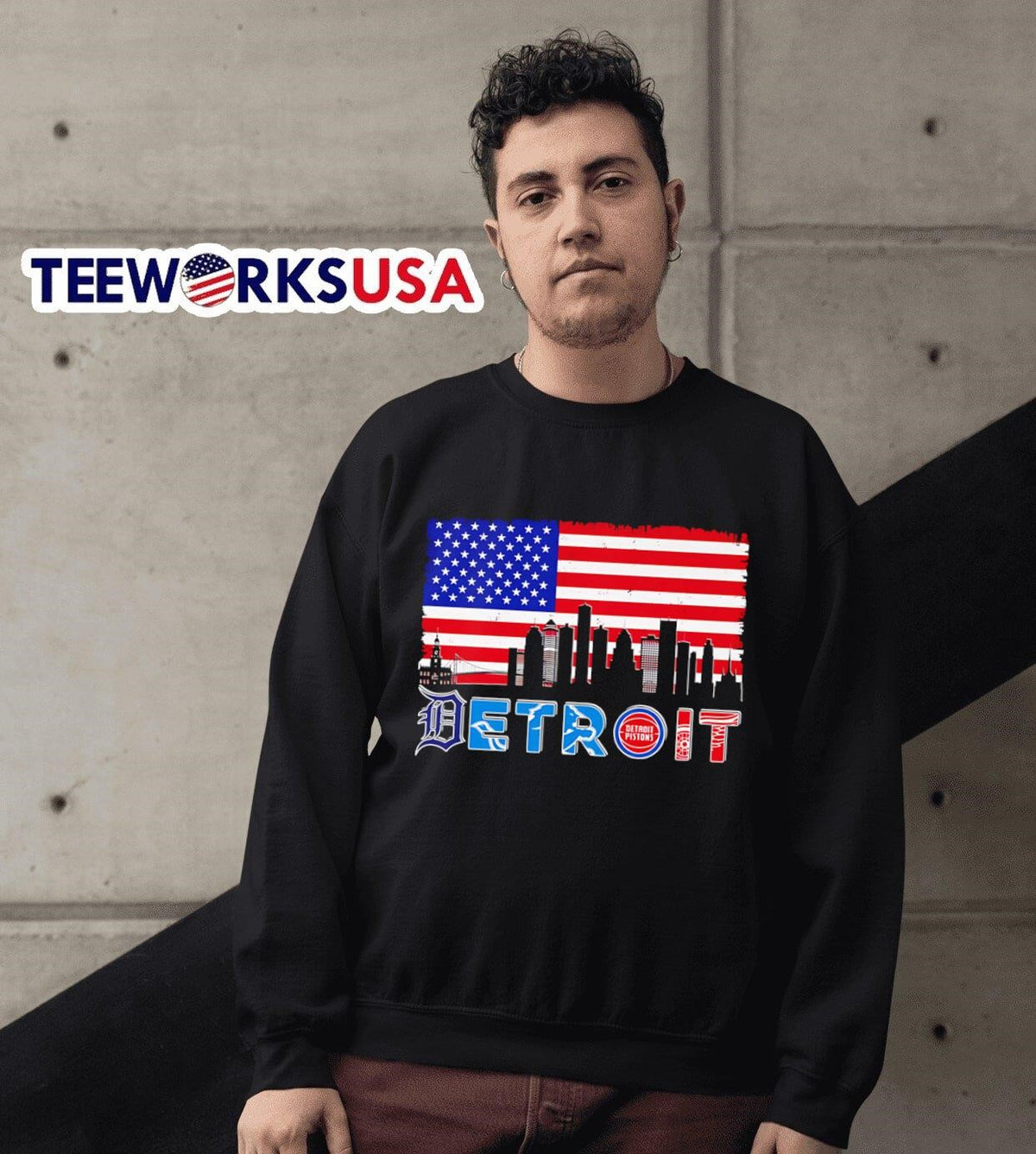 Detroit sports skyline American flag - Adult & Kids T-Shirts, Sweatshirts & Hoodies apparel design preview 6