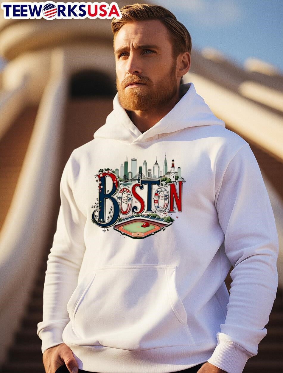 Boston Skyline Bridge Lighthouse Stadium Baseball Red - Adult & Kids T-Shirts, Sweatshirts & Hoodies apparel design preview 2