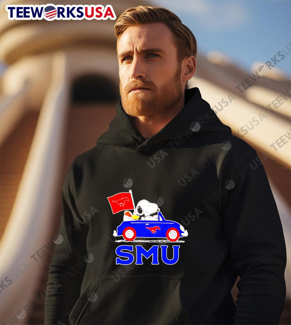 Snoopy and Woodstock driving SMU Mustangs - Adult & Kids T-Shirts, Sweatshirts & Hoodies apparel design preview 3