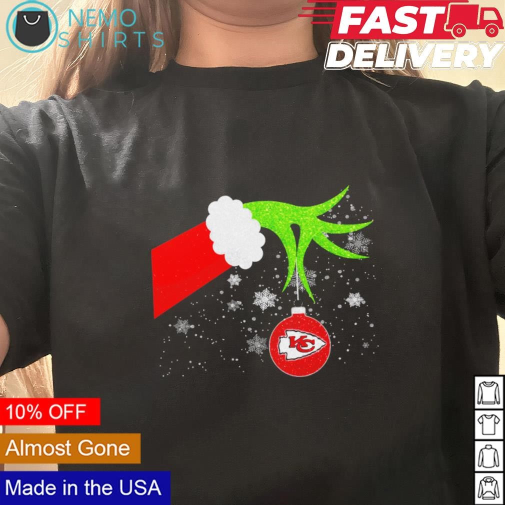 Grinch hand with ornament Kansas City Chiefs - Adult & Kids T-Shirts, Sweatshirts & Hoodies apparel design preview 3