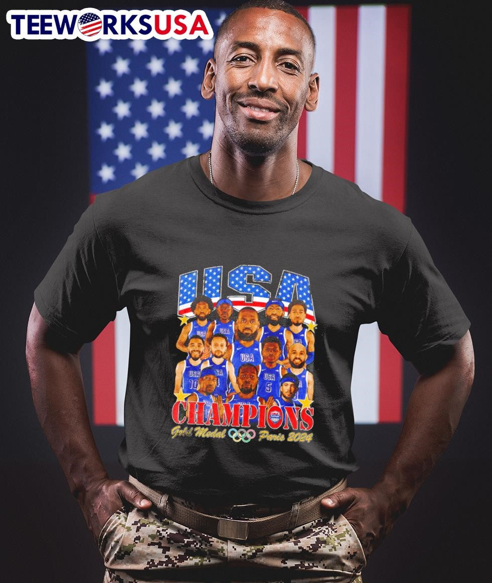 USA Champions gold medal Paris 2024 team cartoon - Adult & Kids T-Shirts, Sweatshirts & Hoodies apparel design preview 1