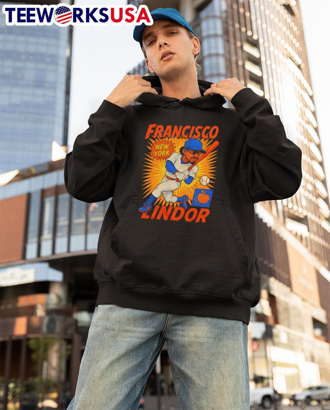 Francisco Lindor New York Mets caricature apple - Adult & Kids T-Shirts, Sweatshirts & Hoodies apparel design preview 3