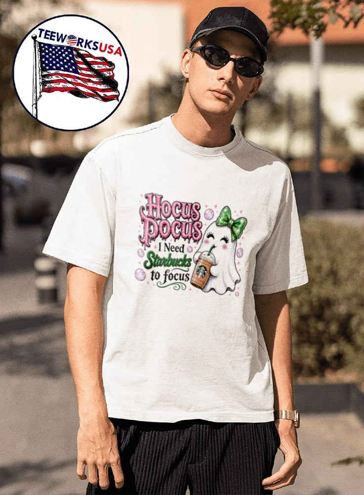 Hocus Pocus I Need Starbucks To Focus Ghost - Adult & Kids T-Shirts, Sweatshirts & Hoodies apparel design preview 1