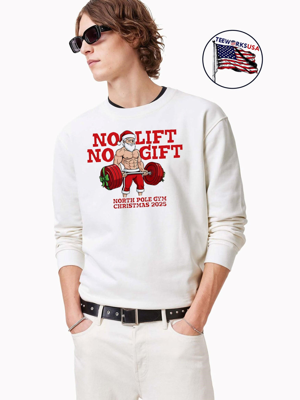 No Lift Gift Gym Santa Christmas - Adult & Kids T-Shirts, Sweatshirts & Hoodies apparel design preview 3