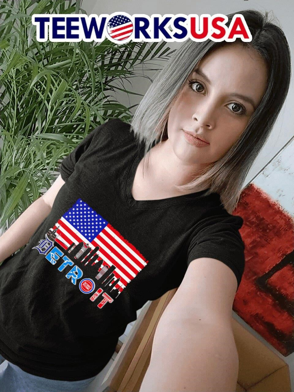 Detroit sports skyline American flag - Adult & Kids T-Shirts, Sweatshirts & Hoodies apparel design preview 7